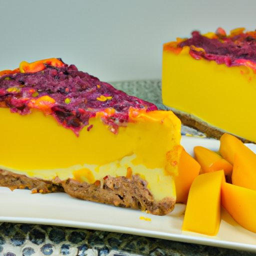 Butter Pecan Cheesecake with Acai Berry Crust and Peach & Mango Topping