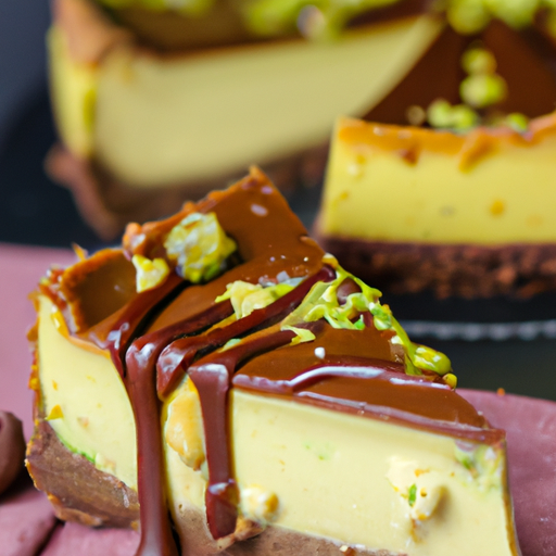 Pistachio Caramel Bourbon Cheesecake with Chocolate Ganache Topping