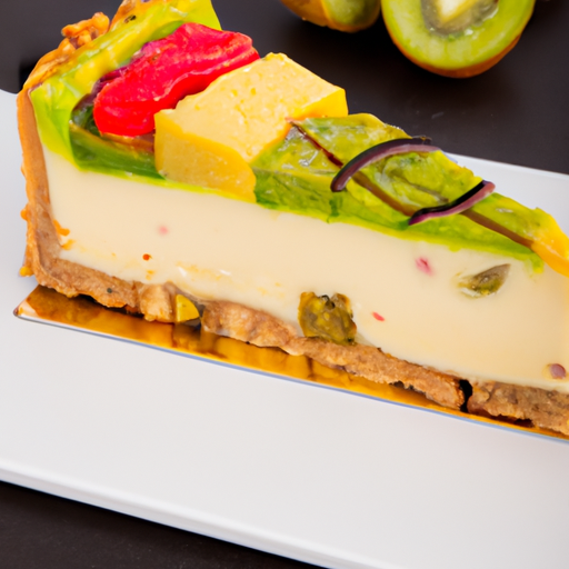 Cheesecake with Pistachio Crumble, Balsamic & Strawberry filling, Pineapple & Kiwi topping