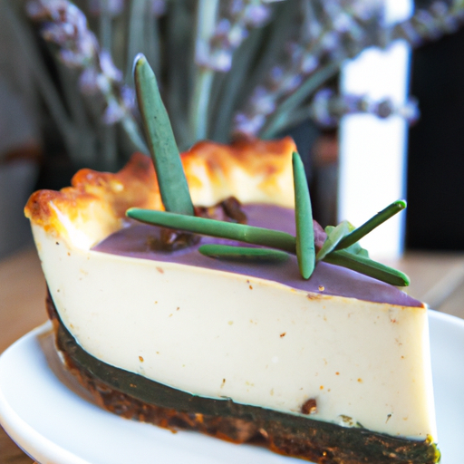 Cheesecake with Rosemary & Olive Oil Base, Mint Chocolate Chip Filling, and Lavender Topping