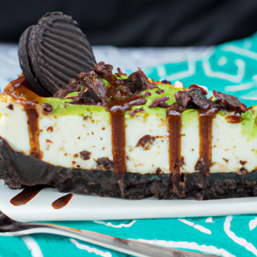 Mint Chocolate Chip Cheesecake with Oreo Crust and Hot Fudge Topping