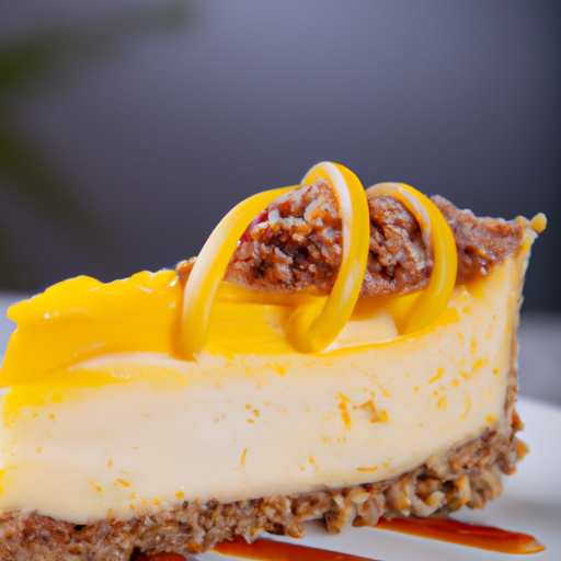 Creamy Mango Peach Cheesecake with Buttermilk Biscuit base and Granola & Maple Filling