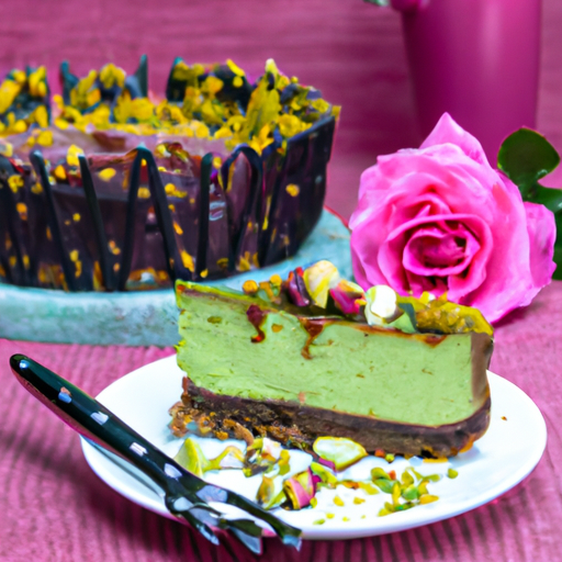 Pistachio Rose Cheesecake with Chocolate Ganache Topping