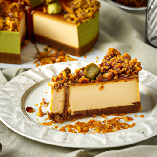 Caramel Bourbon Cheesecake with Pistachio Crumble Base and Toffee Crunch Topping