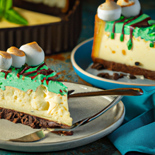 Mint Chocolate Chip Cheesecake with Buttermilk Biscuit Base and Marshmallow Topping