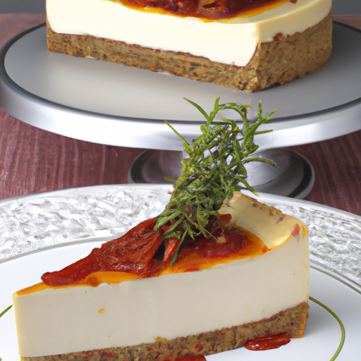 Cheesecake with Rosemary & Olive Oil Base, Elderflower Filling, and Sundried Tomato Pesto Topping