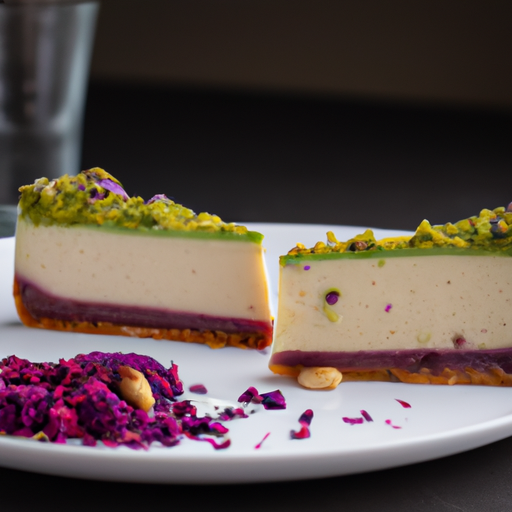 Champagne Raspberry Cheesecake with Wasabi Pistachio Crust and Lavender Topping