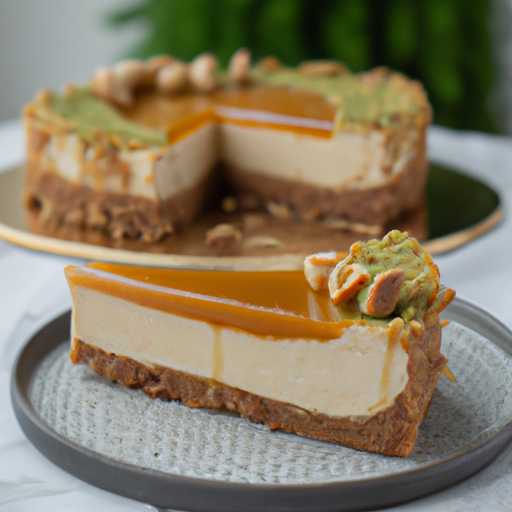 Caramel Sweet Potato Cheesecake with Pistachio Crumble Base and Macadamia Nut Topping