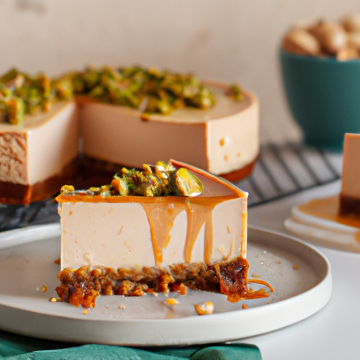 Salted Caramel Cheesecake with Buttermilk Biscuit Crust and Salted Pistachios