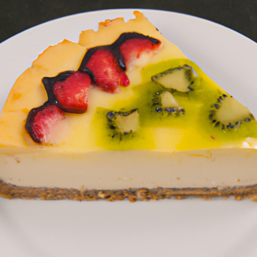 Cheesecake with Olive Oil & Sea Salt Base, Balsamic & Strawberry Filling, and Pineapple & Kiwi Topping