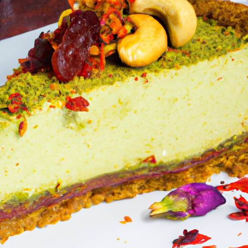 Wasabi Pistachio Cheesecake with Elderflower Filling and Sundried Tomato Pesto Topping