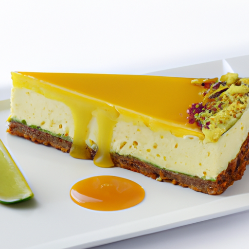 Cheesecake with Pistachio Crumble, Mango Filling & Fruit Compote Topping