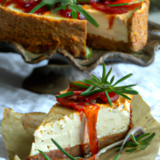 Brown Butter & Sage Cheesecake with Rosemary & Fig Filling and Roasted Red Pepper & Feta Topping 