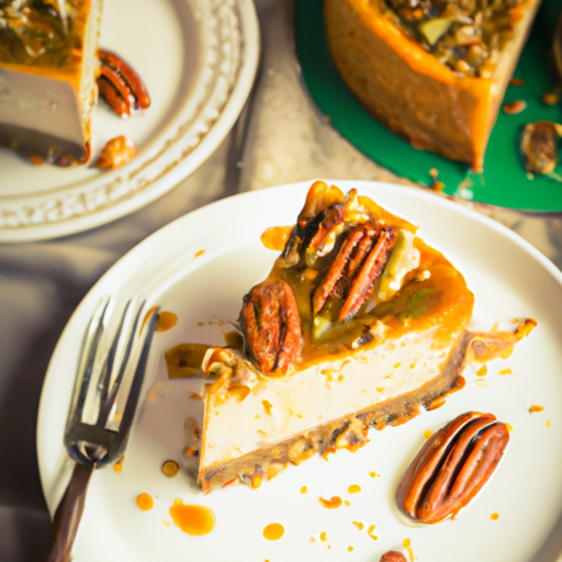 Feta Spinach Cheesecake with Pecan Filling and Salted Caramel Topping