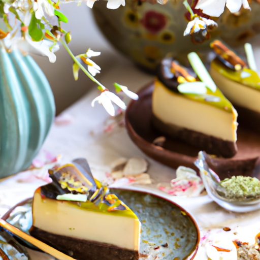 Matcha & Sesame Cheesecake with Elderflower Filling and Chocolate Ganache Topping