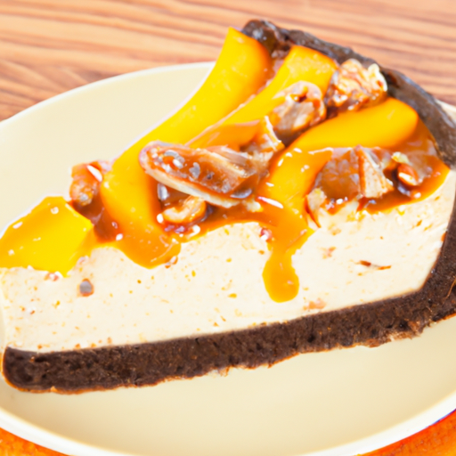 Date & Walnut Peanut Butter Cup Cheesecake with Peach & Mango Topping