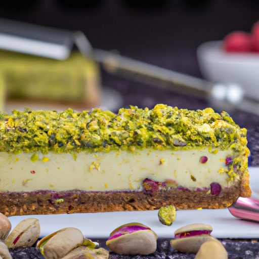 Pistachio Champagne Cheesecake with Raspberry Filling and Salted Pistachios