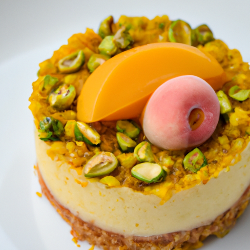 Creamy Mango Peach Cheesecake with Pistachio Crumble