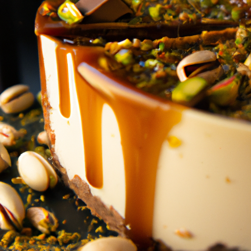 Black & White Bourbon Cheesecake with Caramel and Salted Pistachios